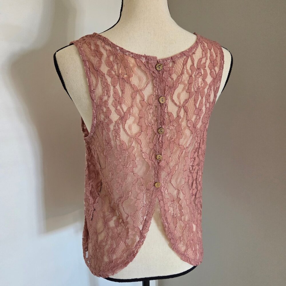 Pink Tank Top Juniors Medium Floral Sleeveless Sheer Lace Back Shirt - Picture 7 of 7